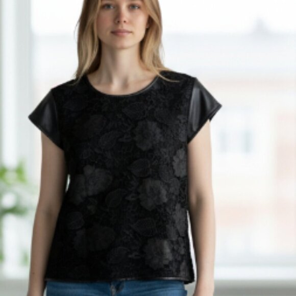 C&M Collection Black Lace Overlay Top Formal Blouse Plus Size 50/2X Cap Sleeve - Picture 1 of 5